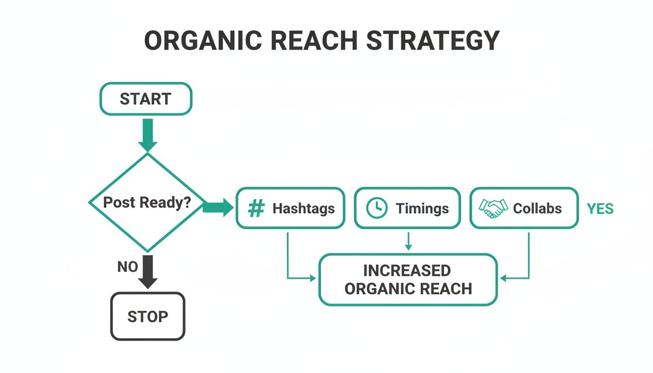 Flowchart outlining an organic reach strategy, starting with post readiness, leading to hashtags, timings, and collaborations for increased reach.