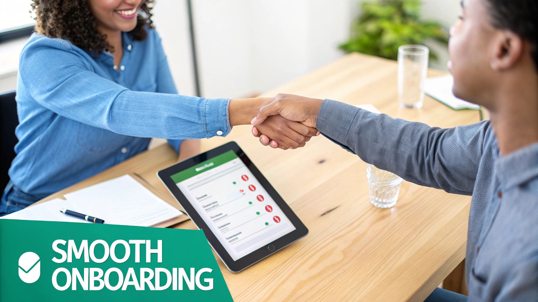 A group of professionals in a meeting, reviewing documents and collaborating around a table.