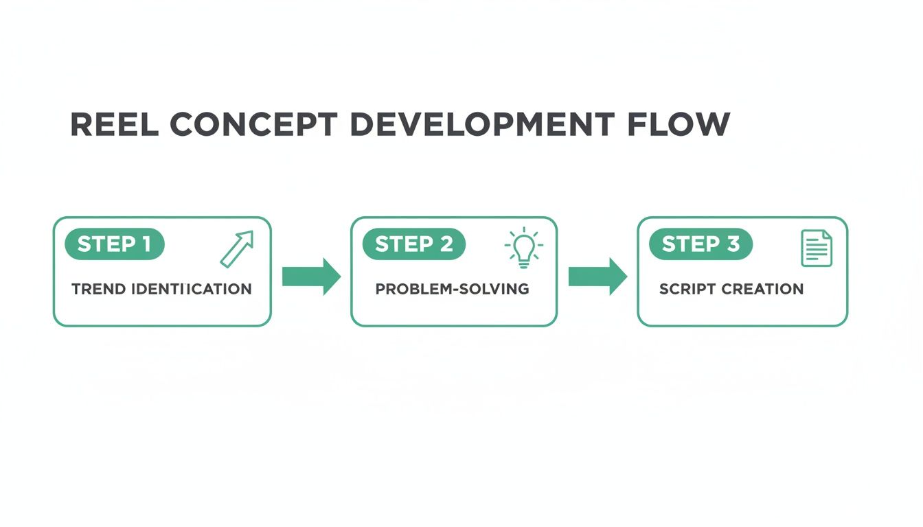 Flowchart showing three steps for reel concept development: trend identification, problem-solving, and script creation.