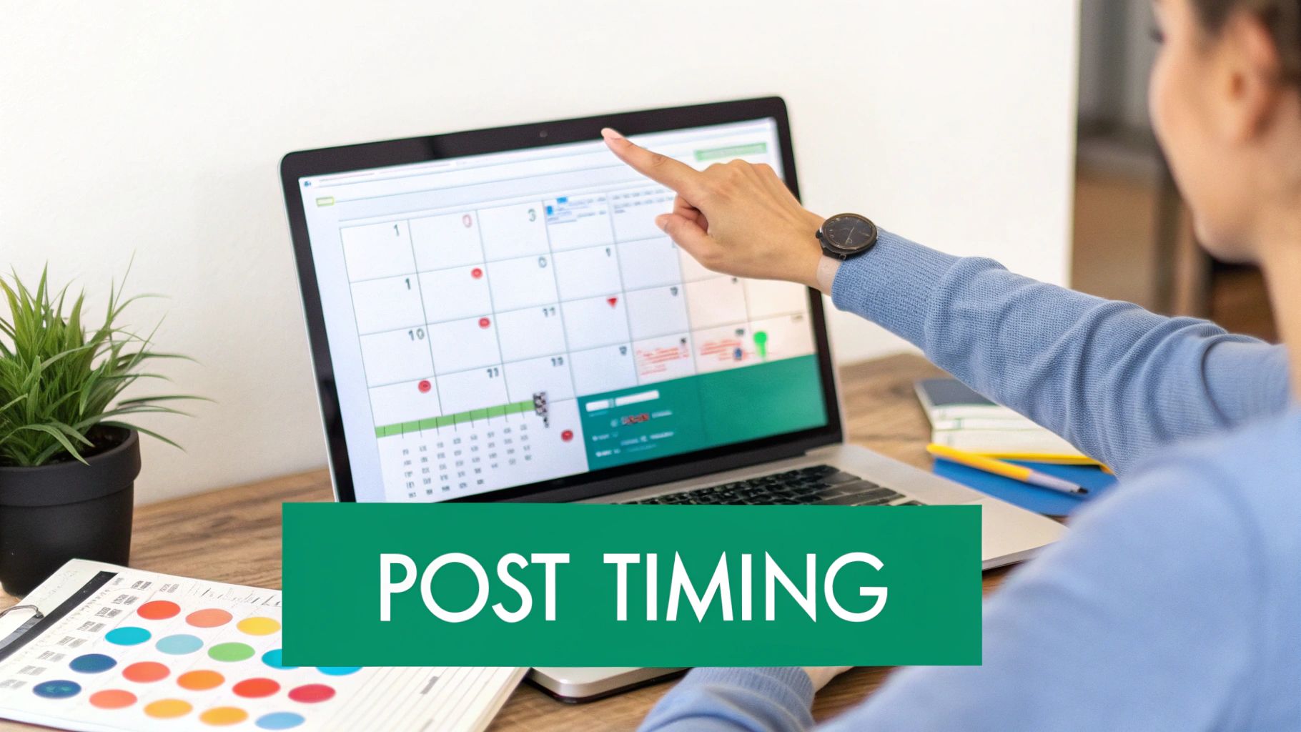 A person points at a digital calendar on a laptop, managing post timing for content.