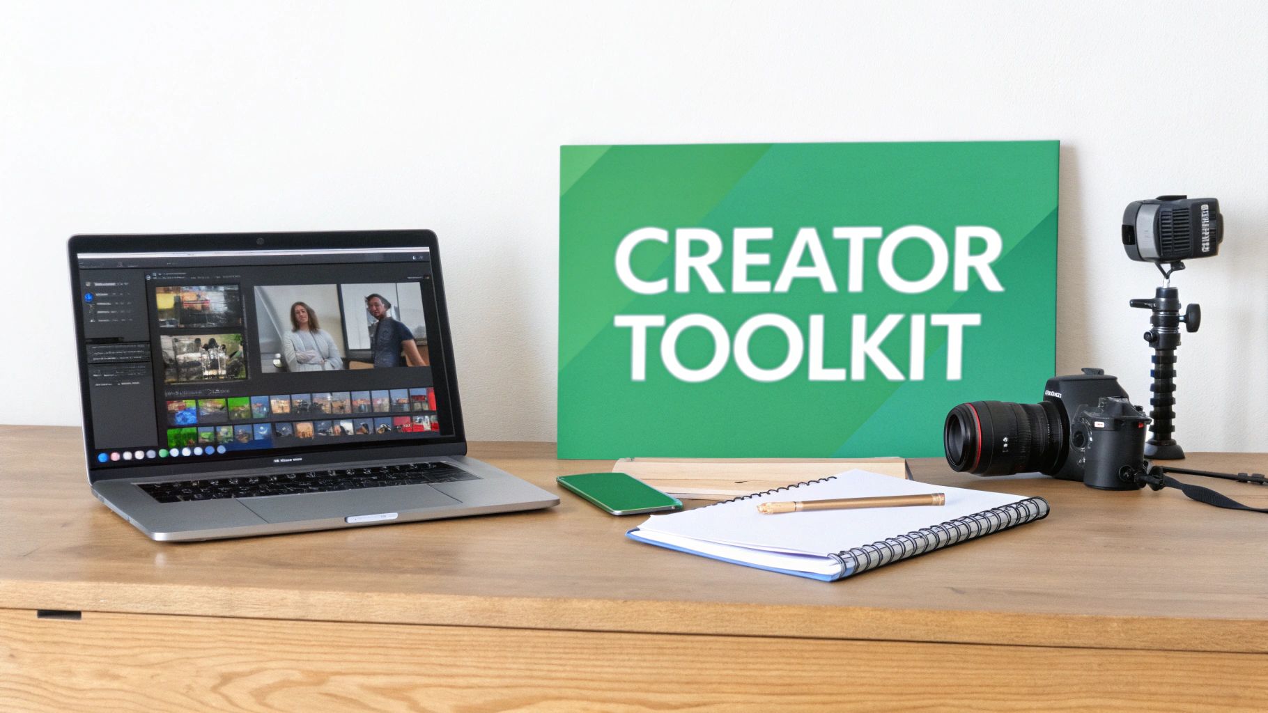 An image of a content creator working on a laptop, surrounded by camera equipment and creative tools, showcasing the blend of technical and creative skills.