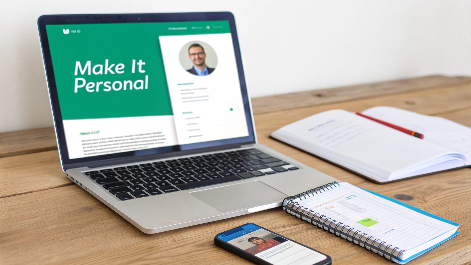 A modern workspace with a laptop, smartphone, and open notebooks on a rustic wooden desk.