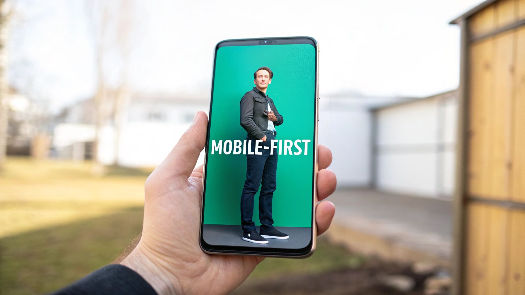 Hand holding a smartphone displaying a man and “MOBILE-FIRST” text on a bright green background.