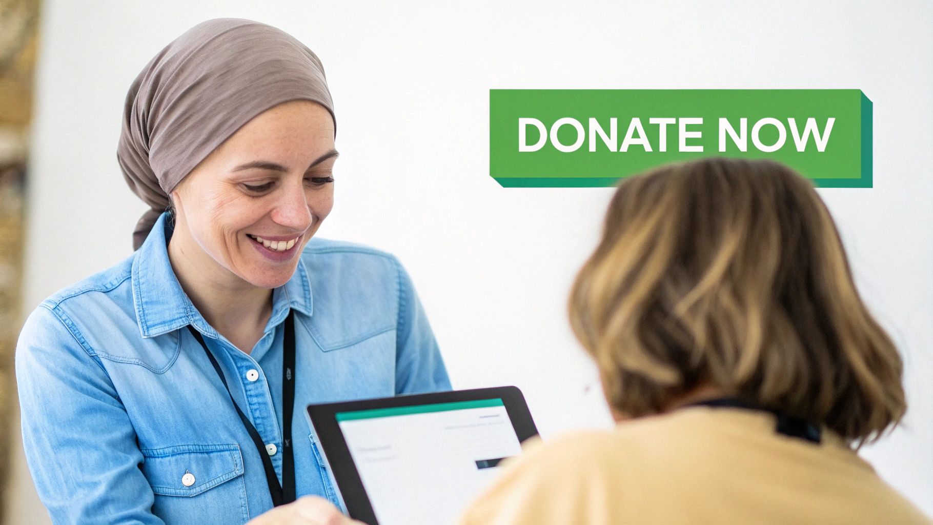 A smiling woman in a headscarf looks at a tablet with another person, near a 'DONATE NOW' sign.
