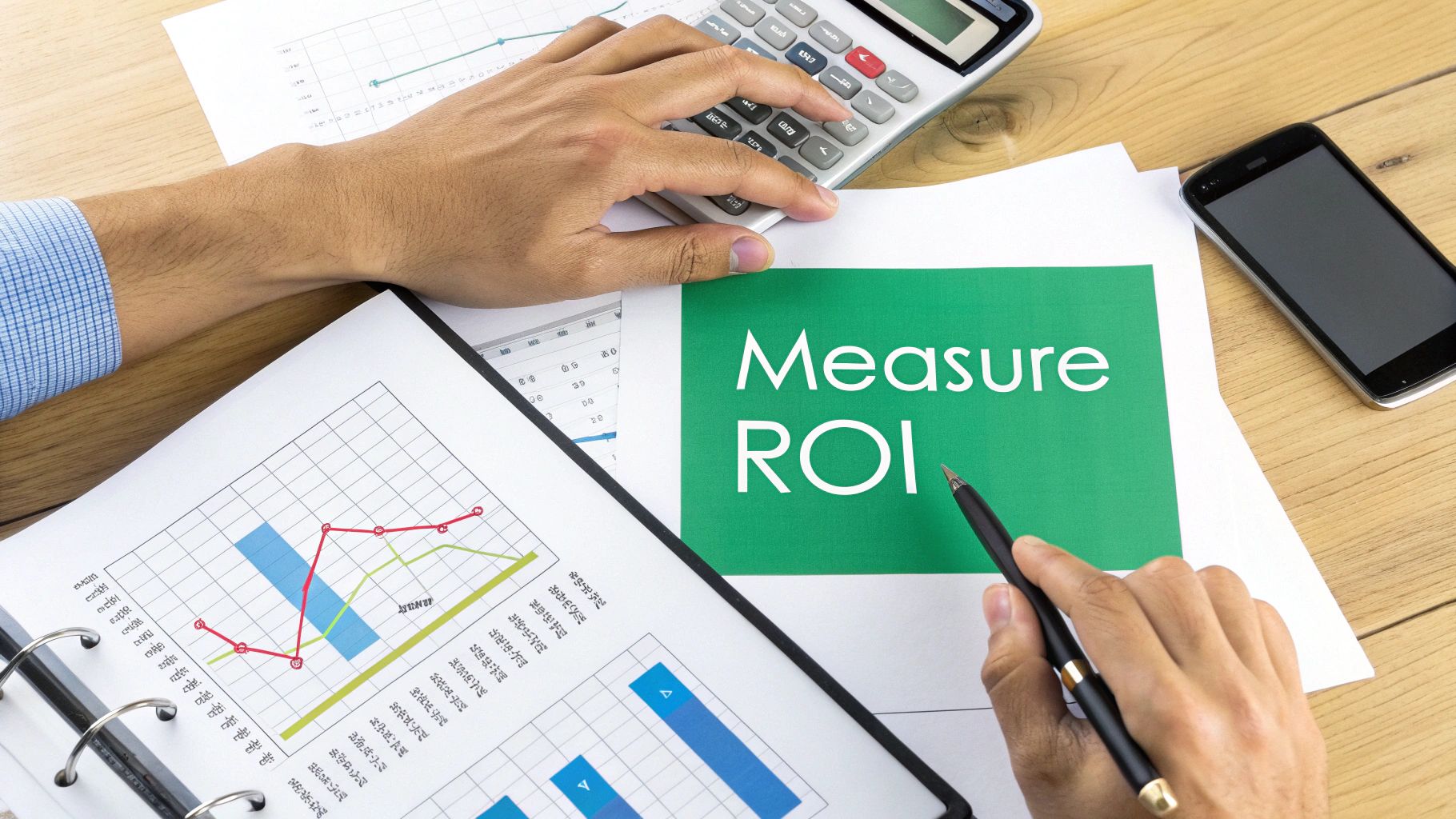 Overhead view of hands working on business documents, a calculator, and a paper saying 'Measure ROI'.