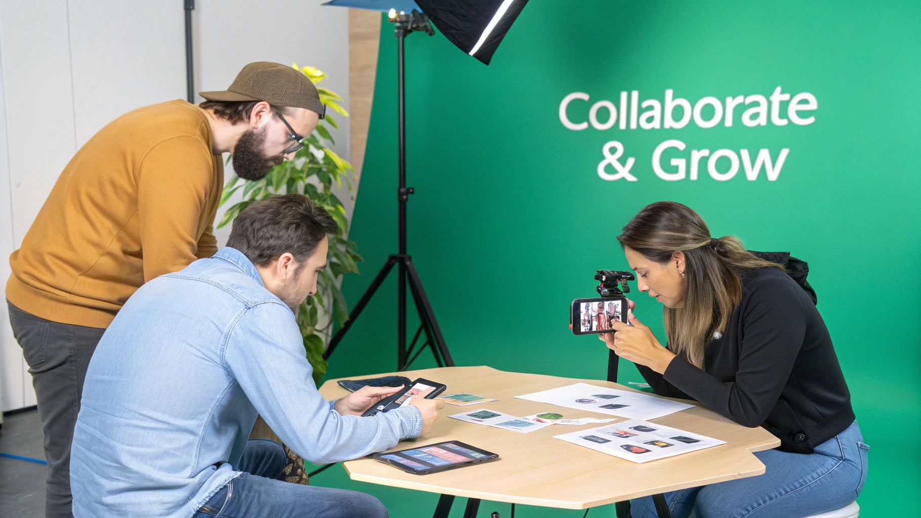 Three people collaborate around a table, one filming with a smartphone, two reviewing content on tablets.
