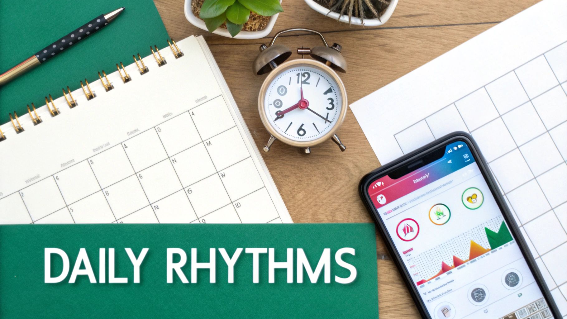 A desk flat lay with a calendar, alarm clock, smartphone app, and 'DAILY RHYTHMS' text.