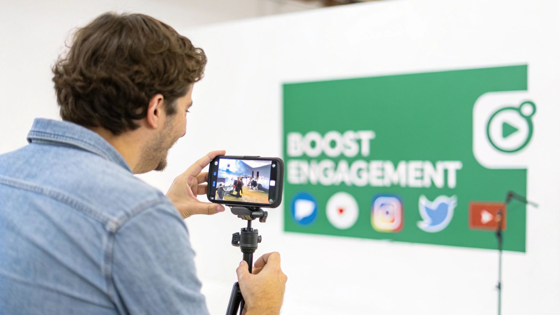 Man films video with smartphone on tripod, aiming at a 'BOOST ENGAGEMENT' banner with social media logos.
