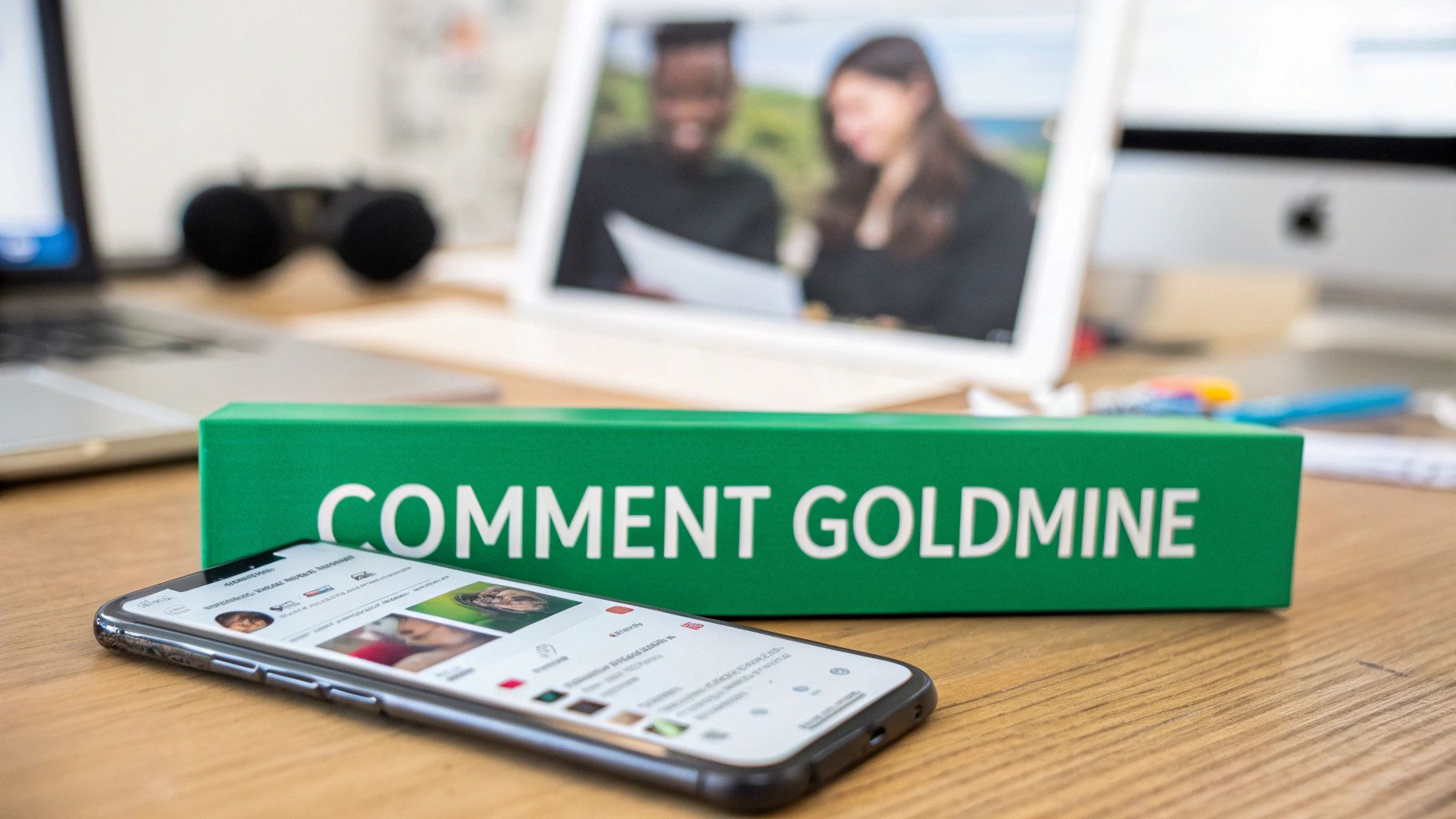 A smartphone showing social media content next to a 'COMMENT GOLDMINE' box on a wooden desk.