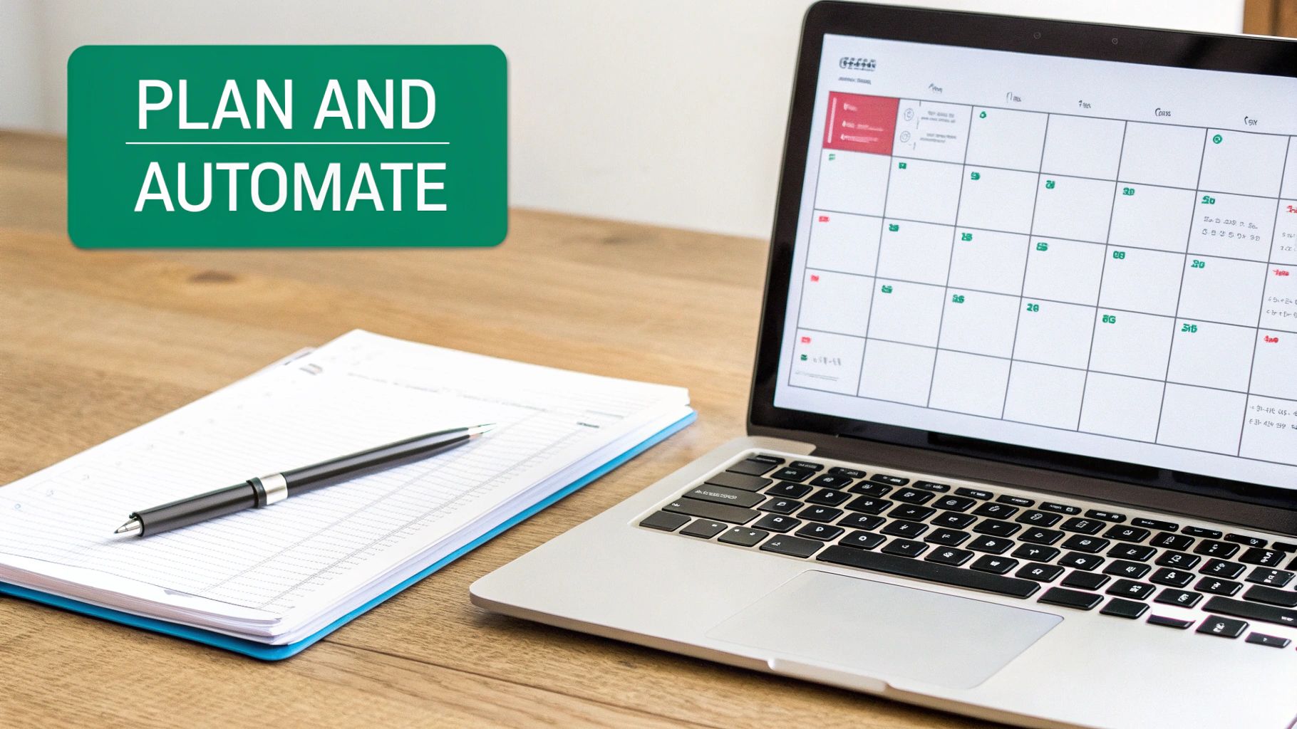 A laptop displaying a calendar application, a notebook, and a pen on a wooden desk with a 'PLAN AND AUTOMATE' sign.