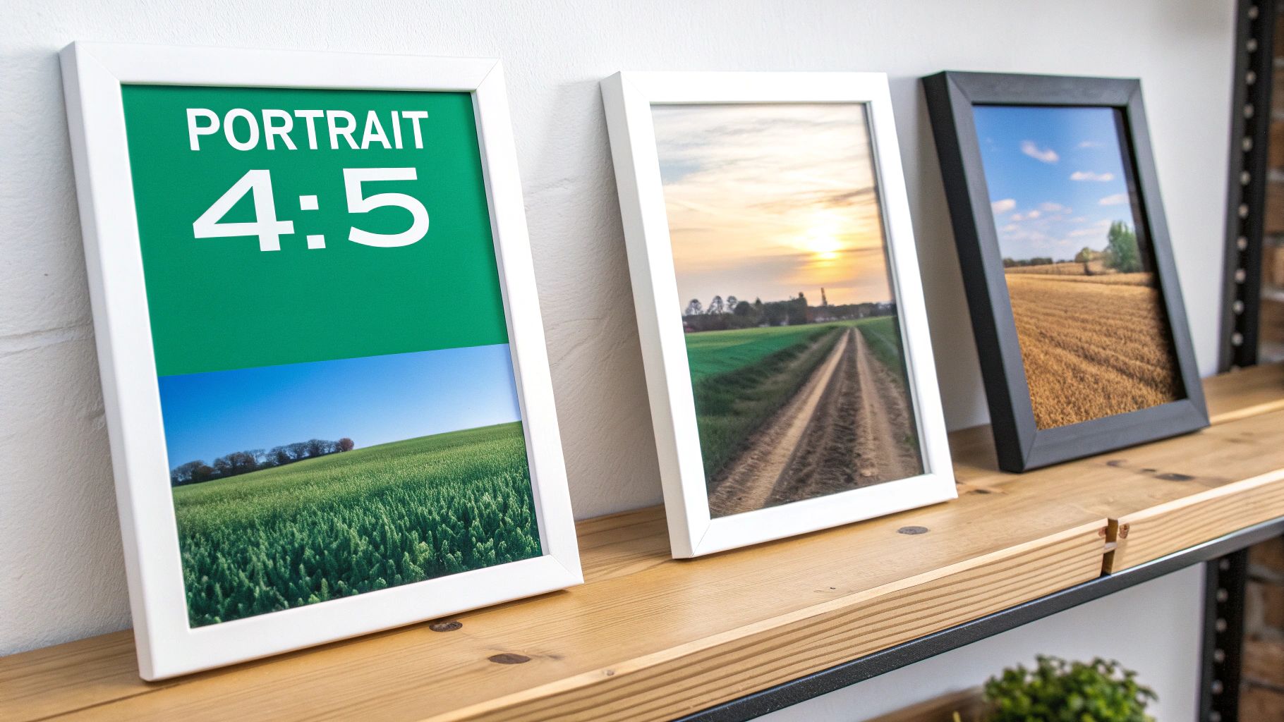 Three framed landscape photos, one with a 4:5 portrait ratio label, on a wooden shelf.