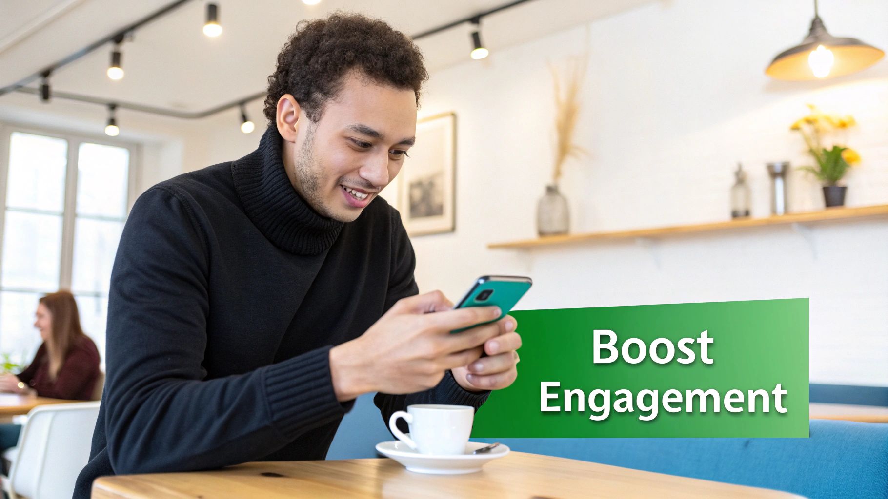 Smiling man in a cafe looking at his phone with a coffee cup, and 'Boost Engagement' text overlay.