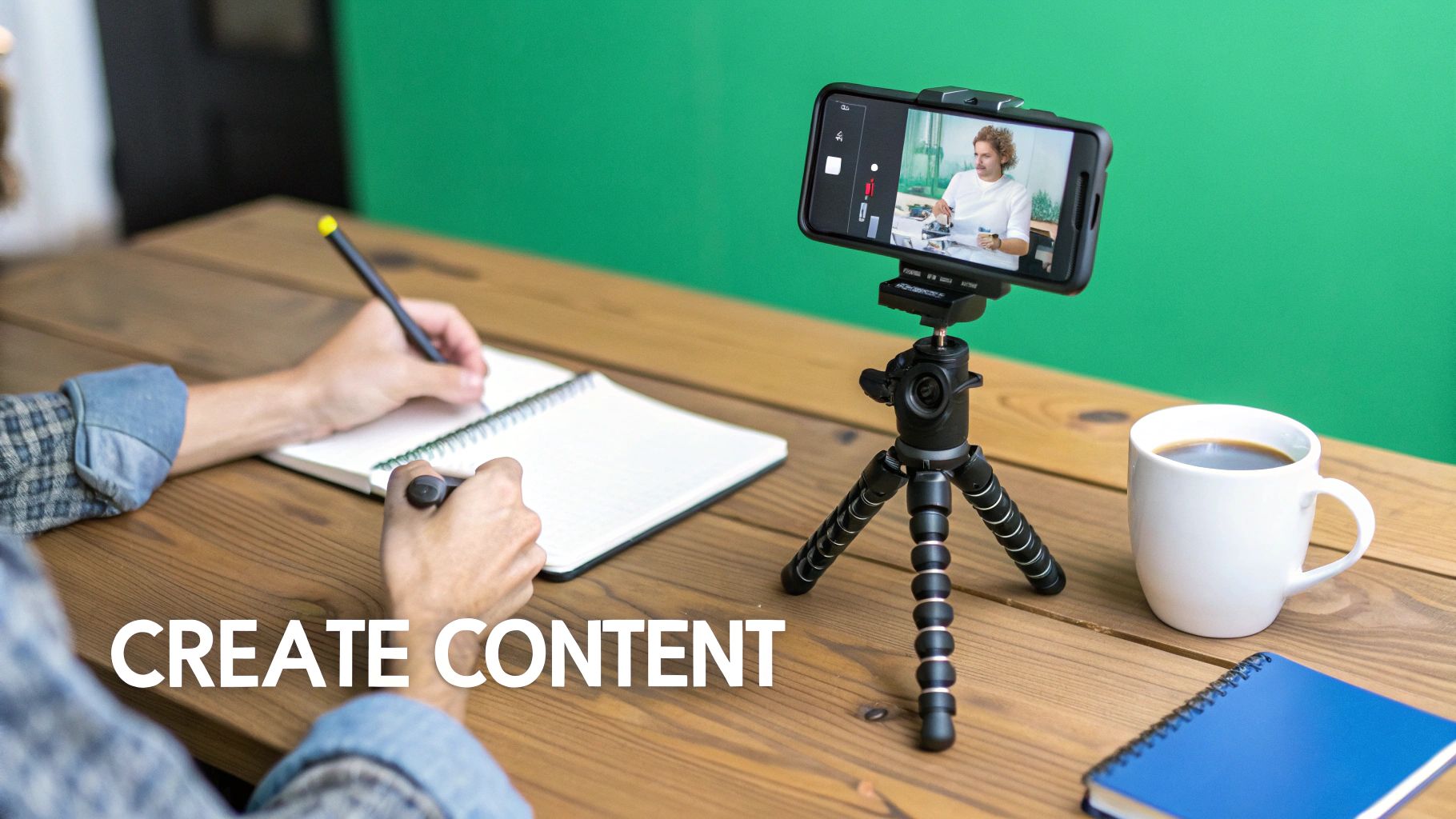 A group of diverse people collaborating on creating content with laptops and cameras.