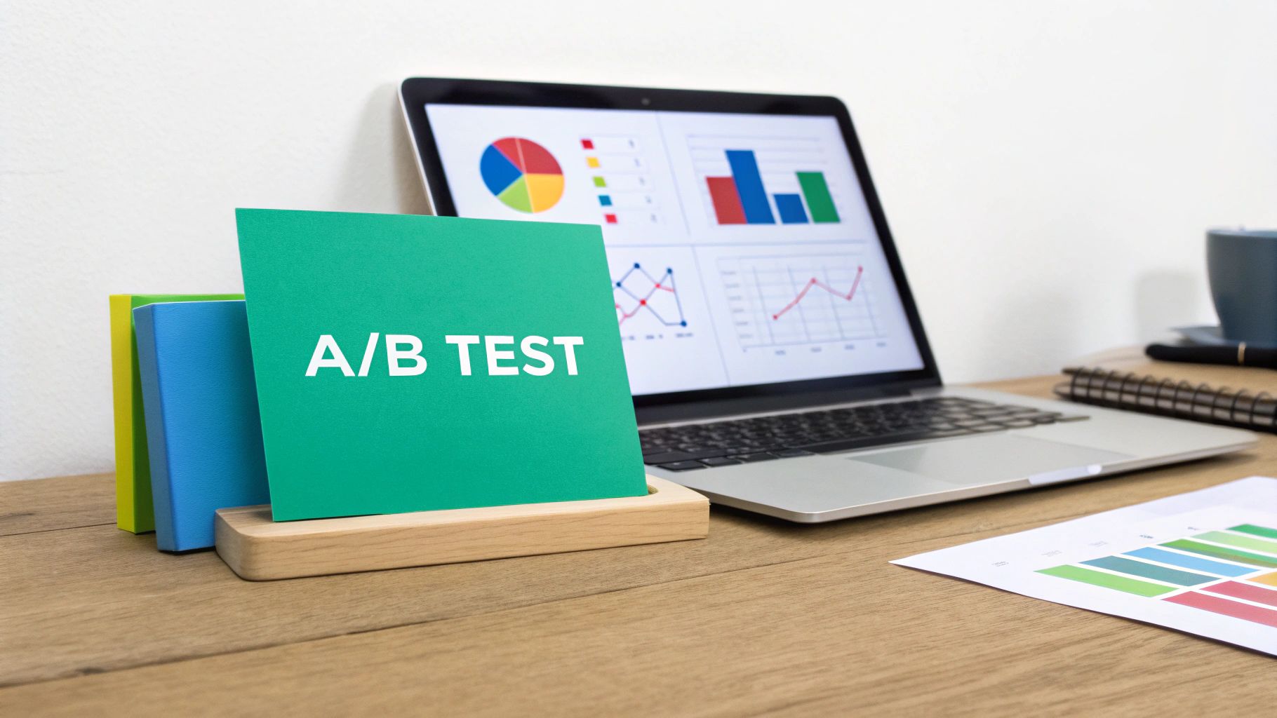 A desk with a laptop displaying various data charts, and a green card stating 'A/B TEST'.