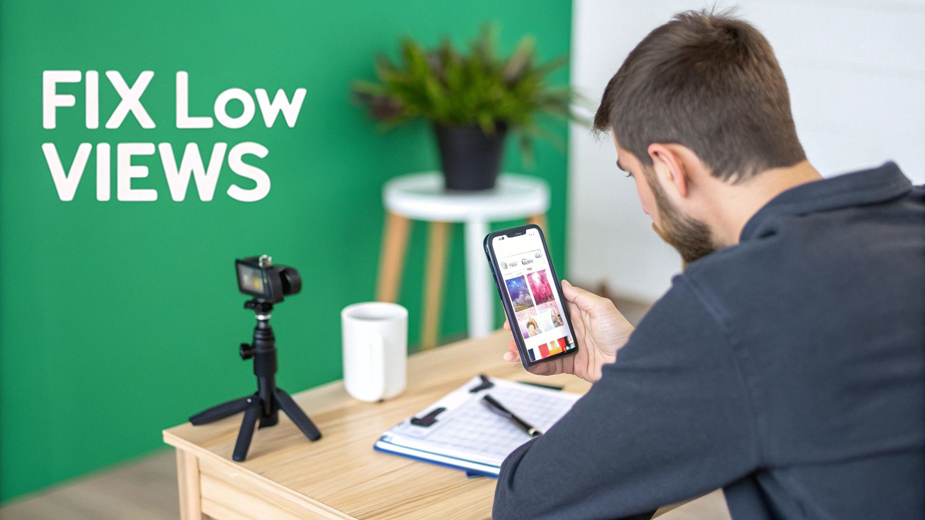 A person reviews content on a smartphone, with a camera and text 'FIX Low VIEWS' on a green wall.