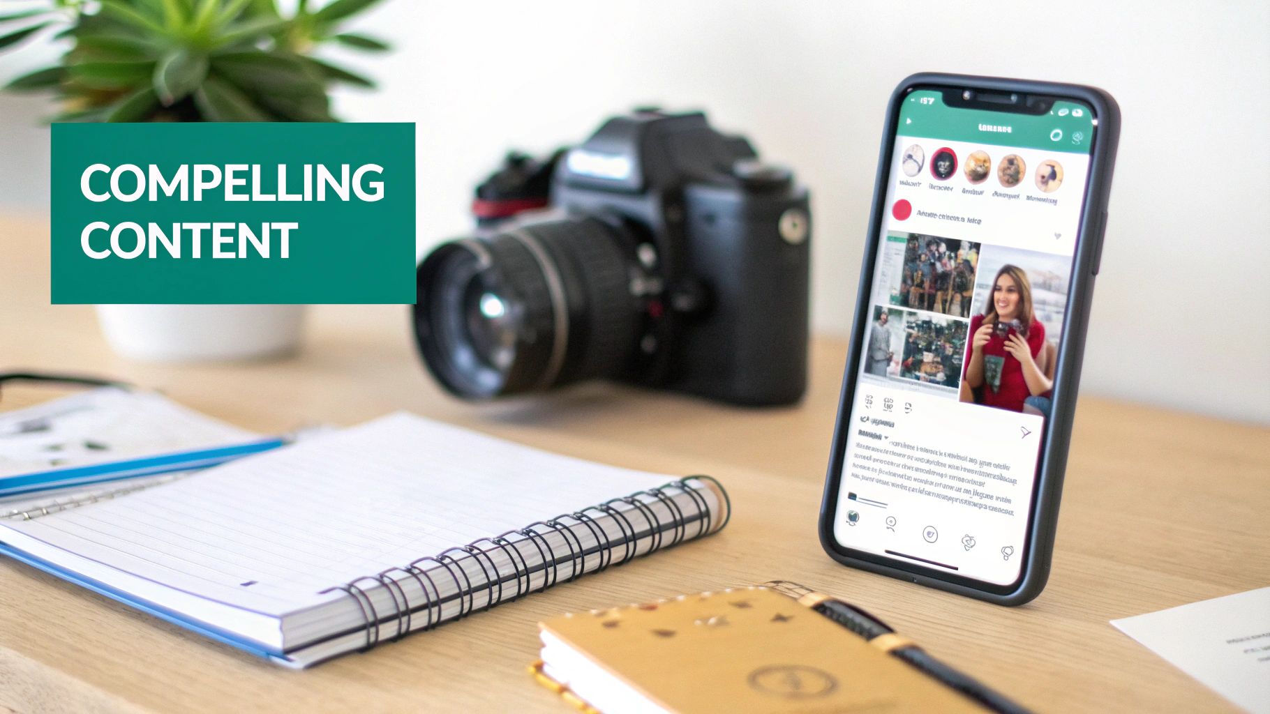 Desk with camera, smartphone displaying social media, notebooks, and a 'Compelling Content' graphic.