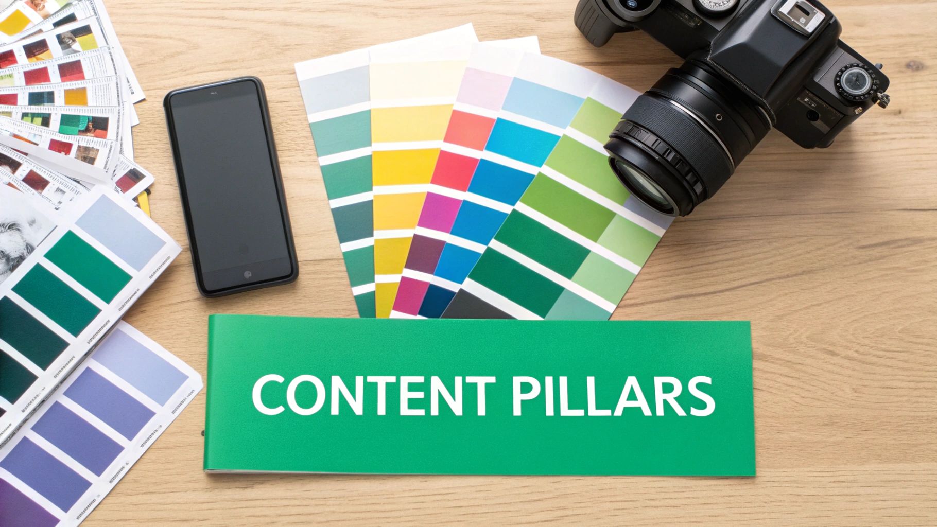 Overhead shot of content creation tools: camera, phone, color swatches, and 'CONTENT PILLARS' sign on a wooden table.