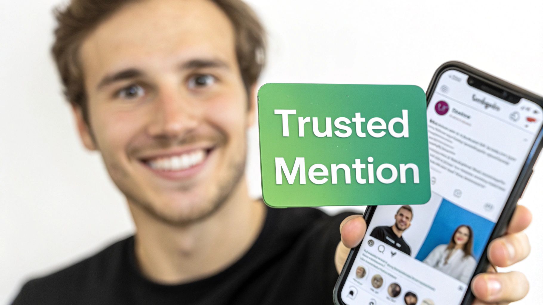 An influencer giving a shoutout on Instagram, pointing to a product on their screen.