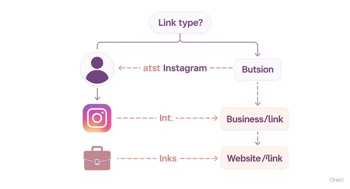 An infographic decision tree showing that personal accounts should use the Instagram button, while business accounts can use a website link.