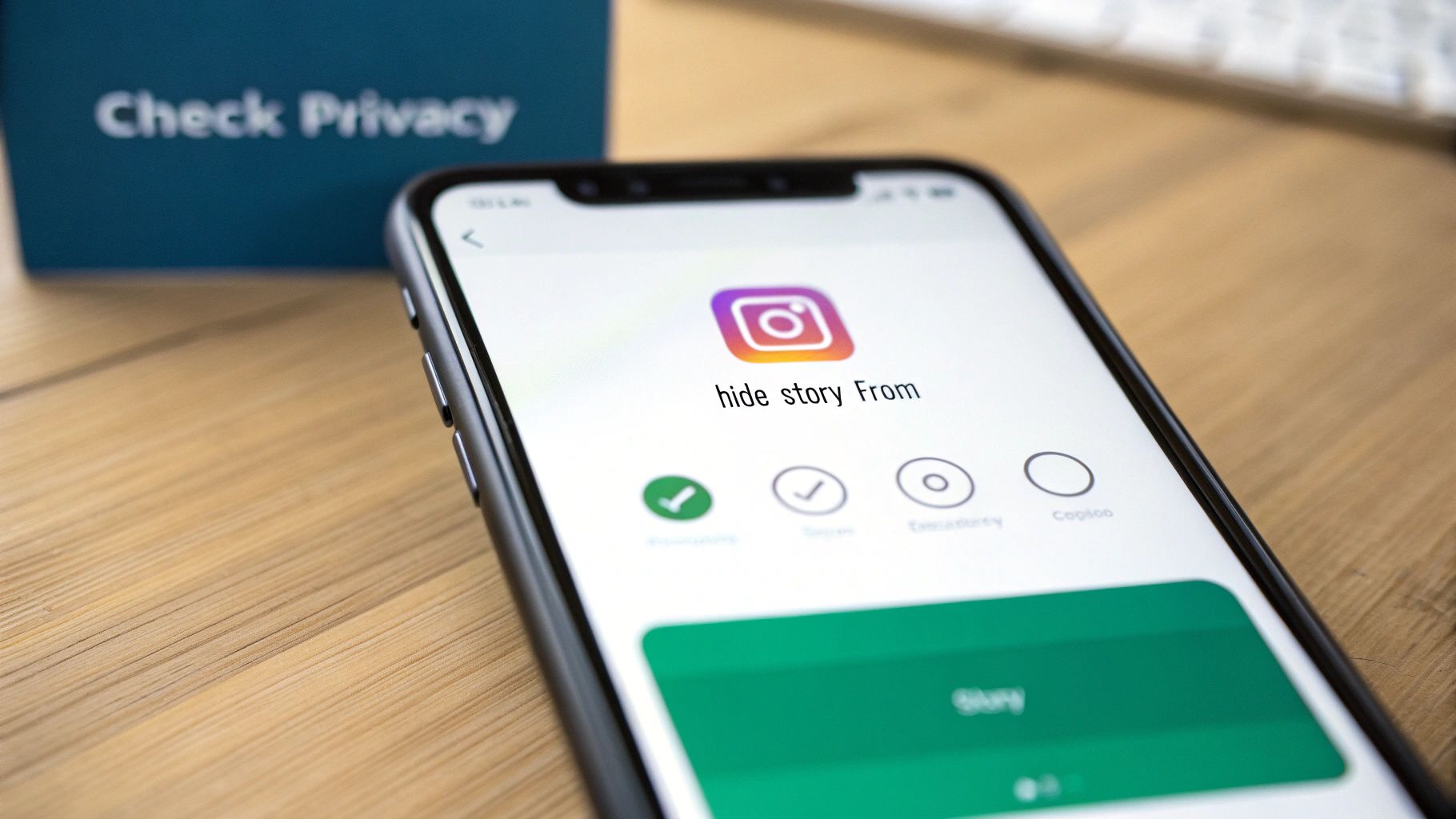 A smartphone showing Instagram's 'hide story from' privacy settings, with a 'Check Privacy' box in the background.