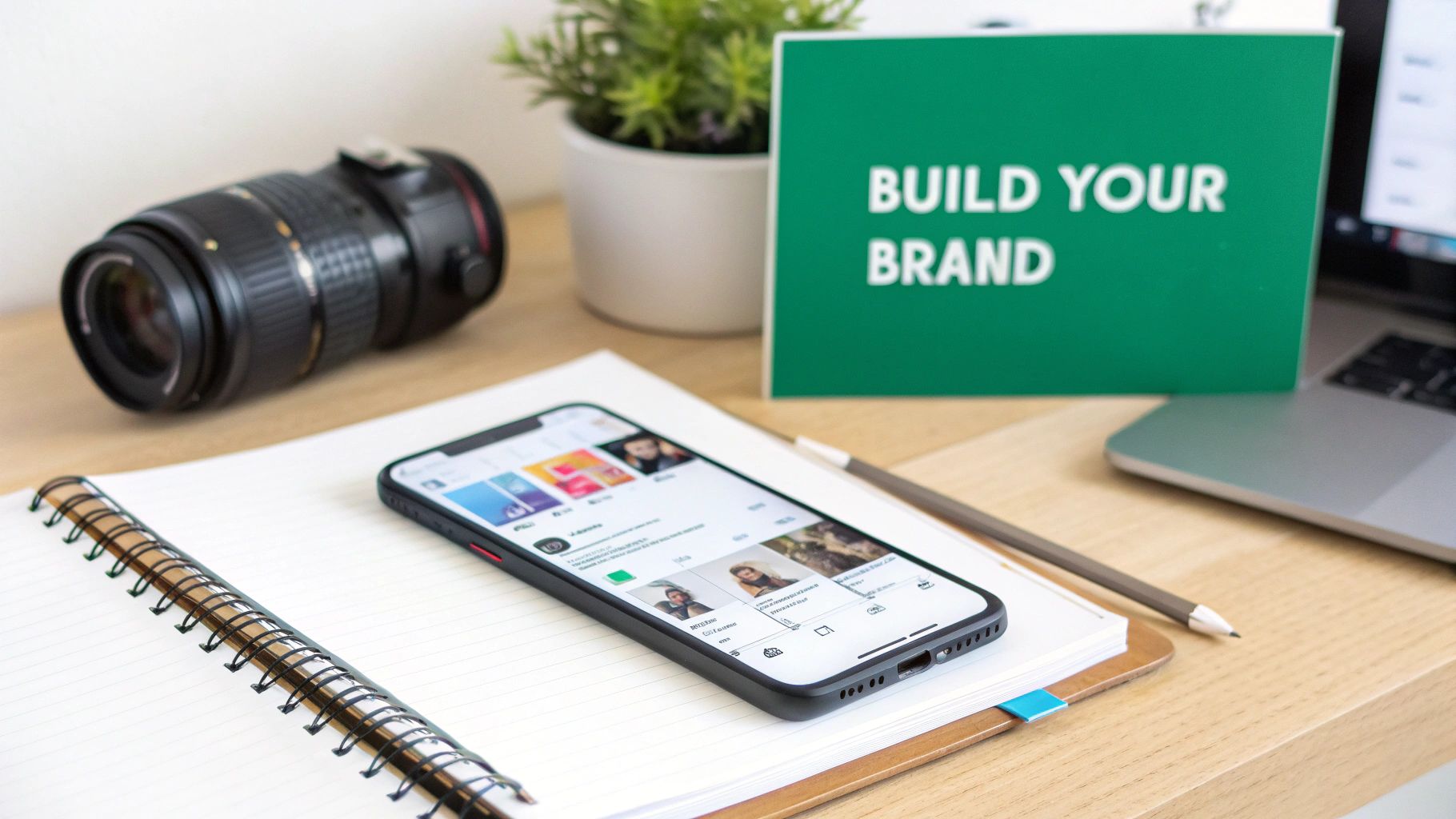 A creative workspace with a smartphone, camera lens, notebook, and a 'BUILD YOUR BRAND' sign.