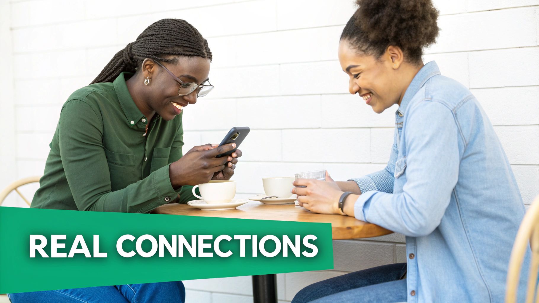 Two smiling women engaging in social connection, one looking at a smartphone screen with the other.