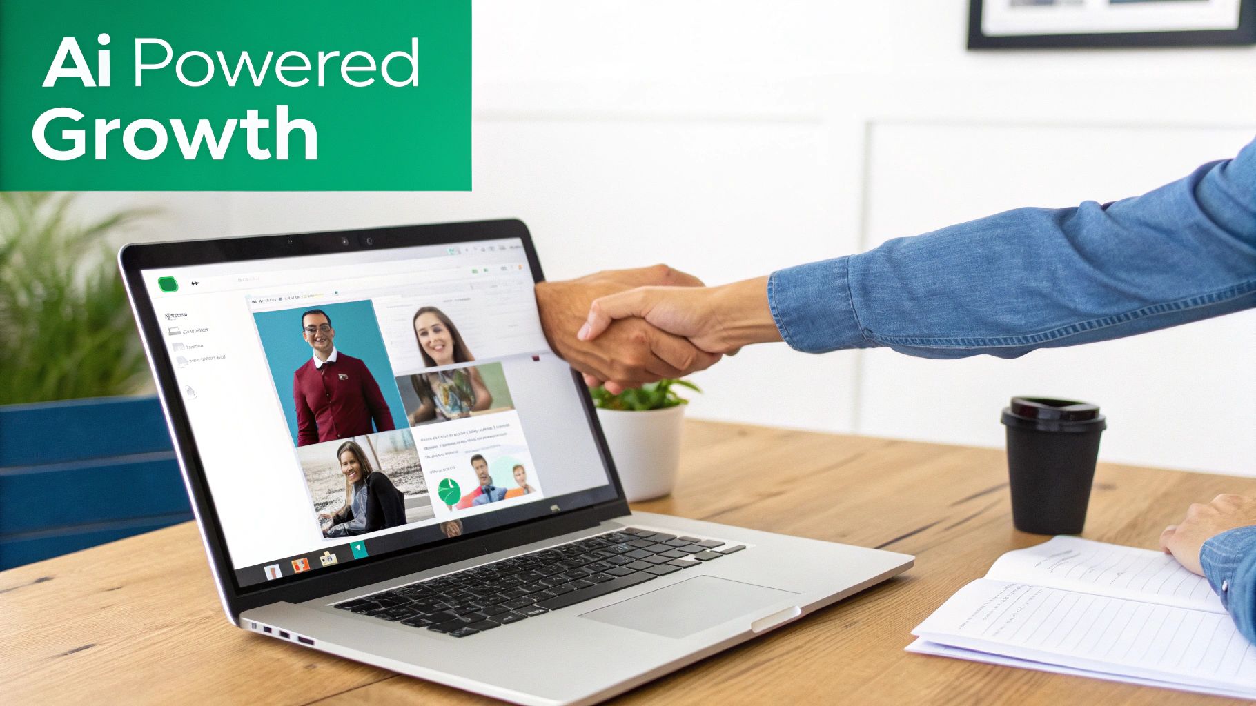 Two hands shaking across a laptop screen displaying diverse faces, symbolizing AI-powered digital collaboration and growth.