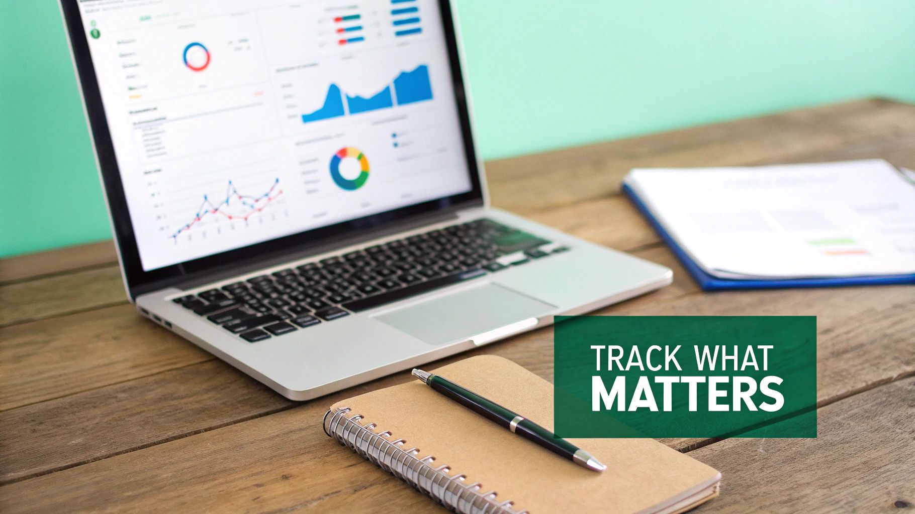 A laptop displaying data analytics charts on a wooden desk with a notebook, pen, and a green text overlay.