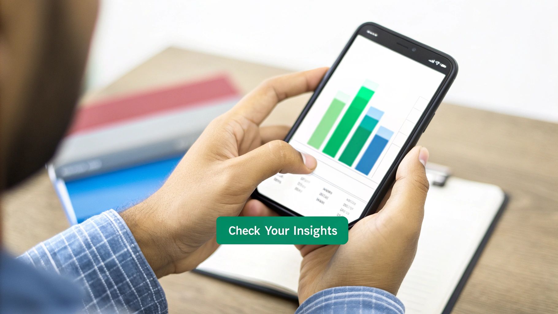 A person in a plaid shirt views a bar chart and business insights on a smartphone.