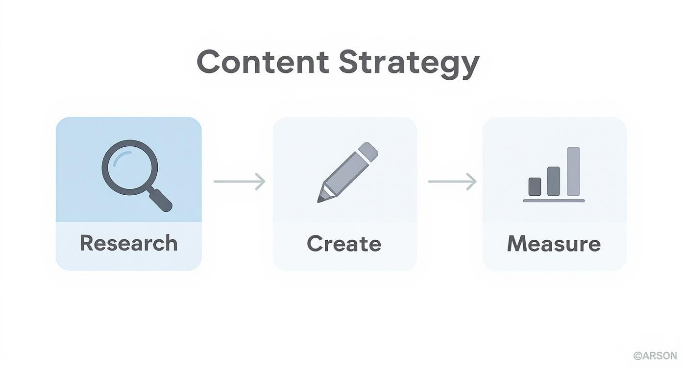 Flowchart outlining content strategy: Research (magnifying glass), Create (pencil), Measure (bar graph).