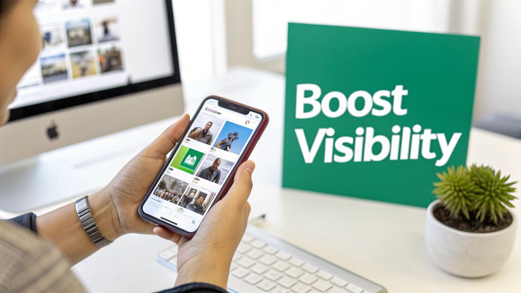 Person holding a smartphone viewing a social media feed with images, next to a 'Boost Visibility' sign.