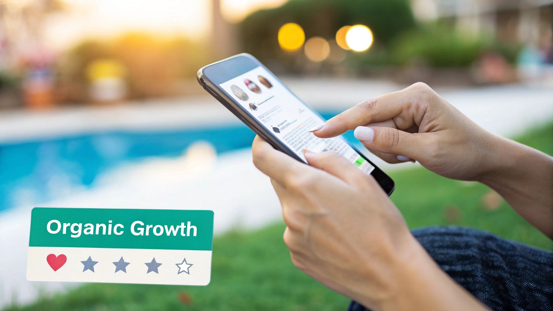Hands scrolling a smartphone screen outdoors, showing social media content and 'Organic Growth' text.