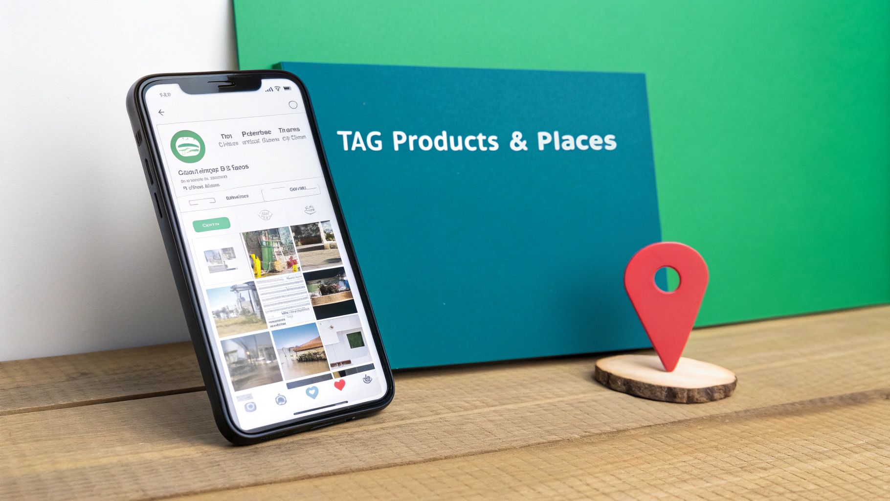 Smartphone showing a social media profile next to a 'TAG Products & Places' sign and a red location pin.