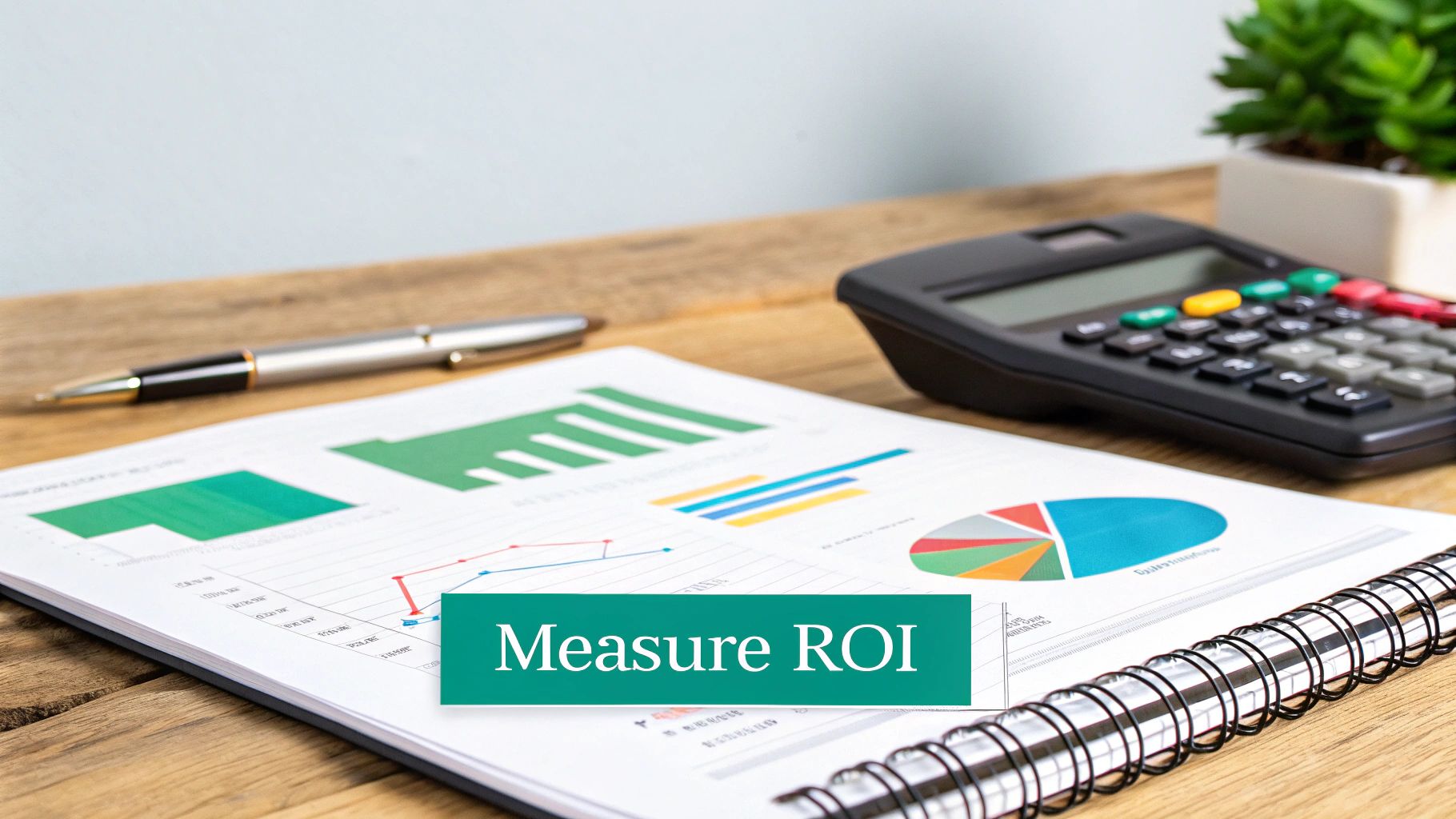 A desk with financial reports showing graphs, a calculator, a pen, and a banner saying 'Measure ROI'.