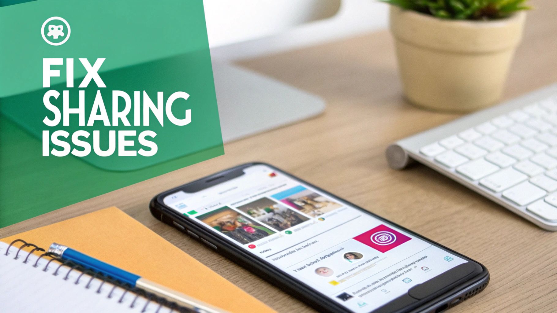 A smartphone on a wooden desk displaying a social media feed, with text 'FIX SHARING ISSUES' overlaid.