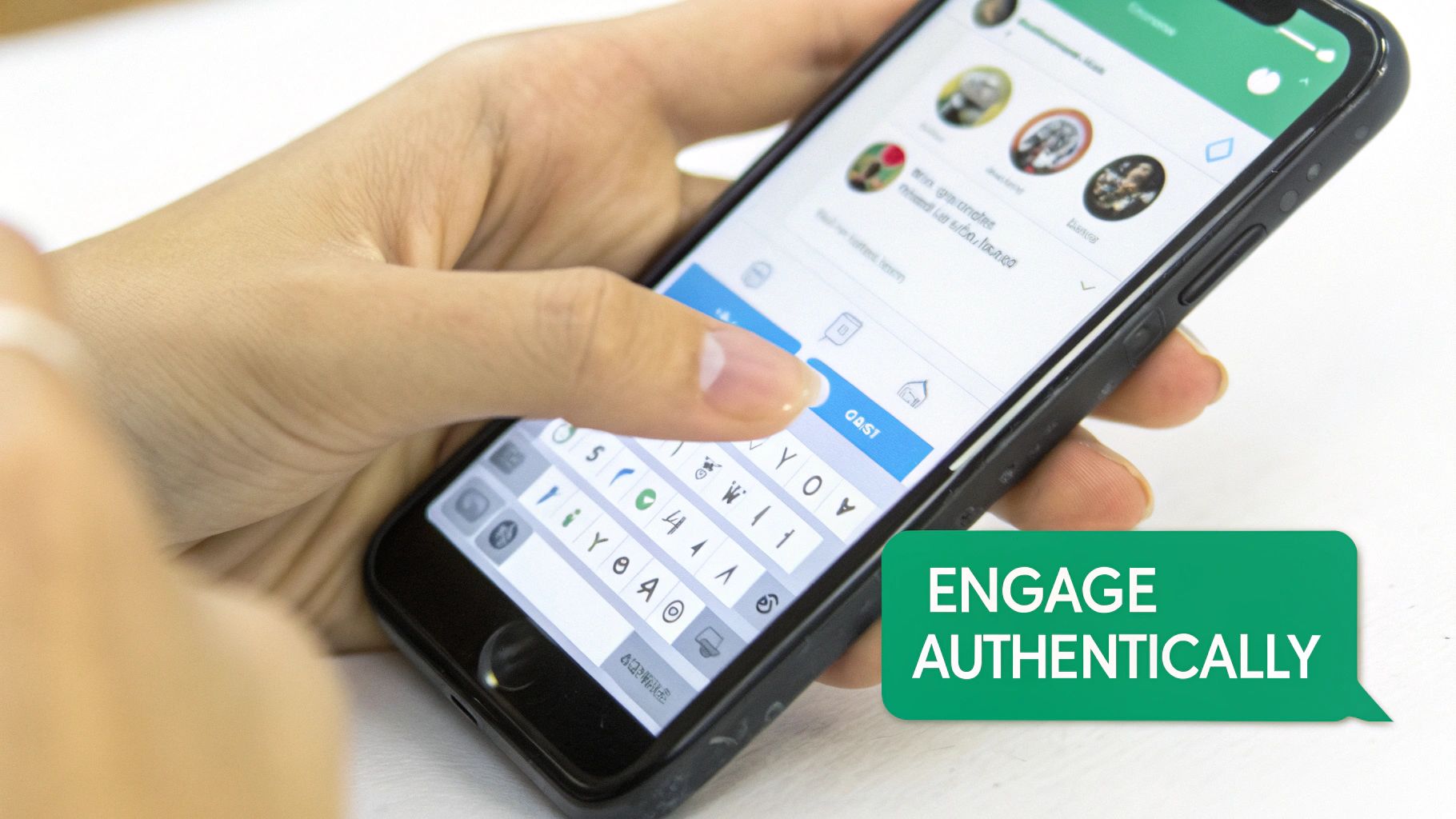 A hand typing on a smartphone displaying a social media interface with 'ENGAGE AUTHENTICALLY' text.