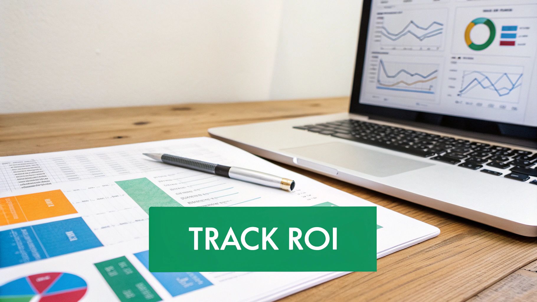 A laptop displaying financial dashboards, a document with charts, and a pen on a wooden desk, with 'TRACK ROI' text.