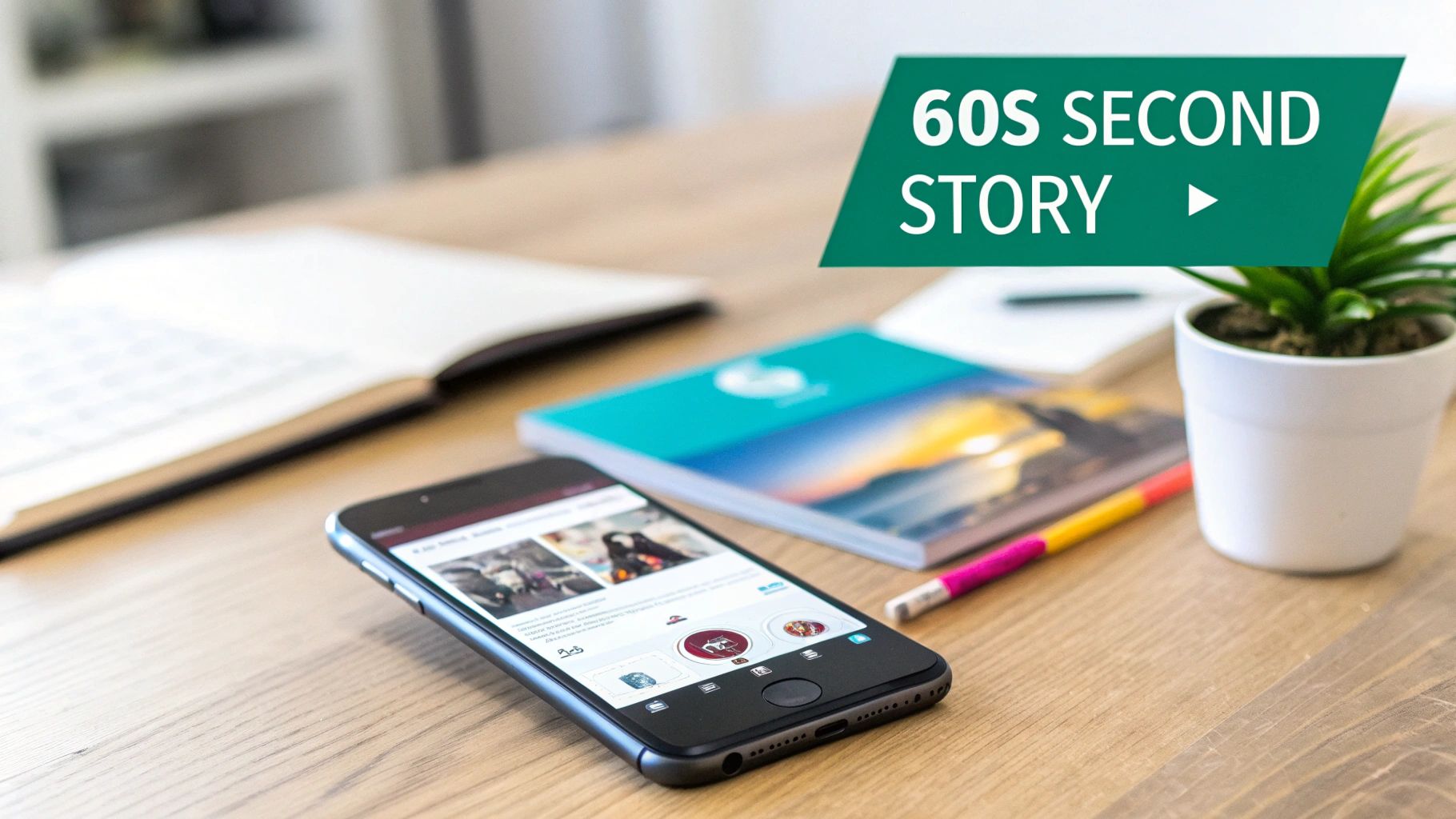 A smartphone displaying a social media feed on a wooden desk with a notebook and plant, featuring a '60S SECOND STORY' overlay.