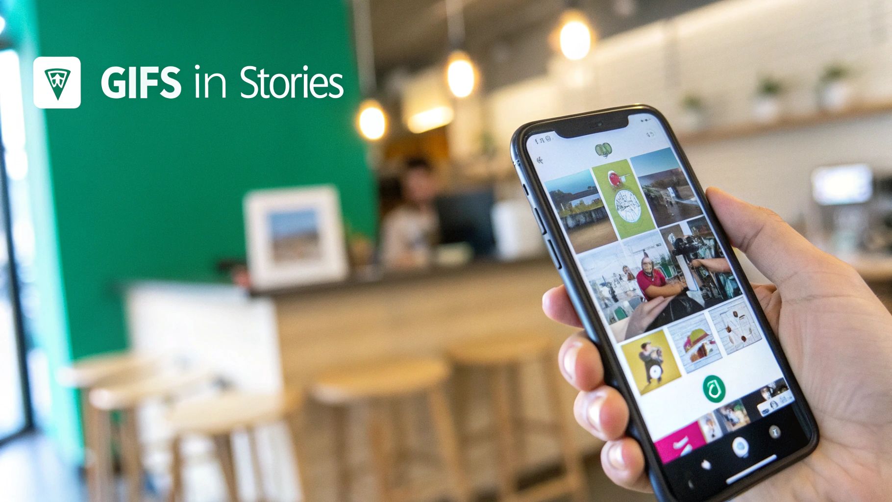 A hand holds a smartphone showing a grid of animated GIF images, with 'GIFS in Stories' text on a green background.
