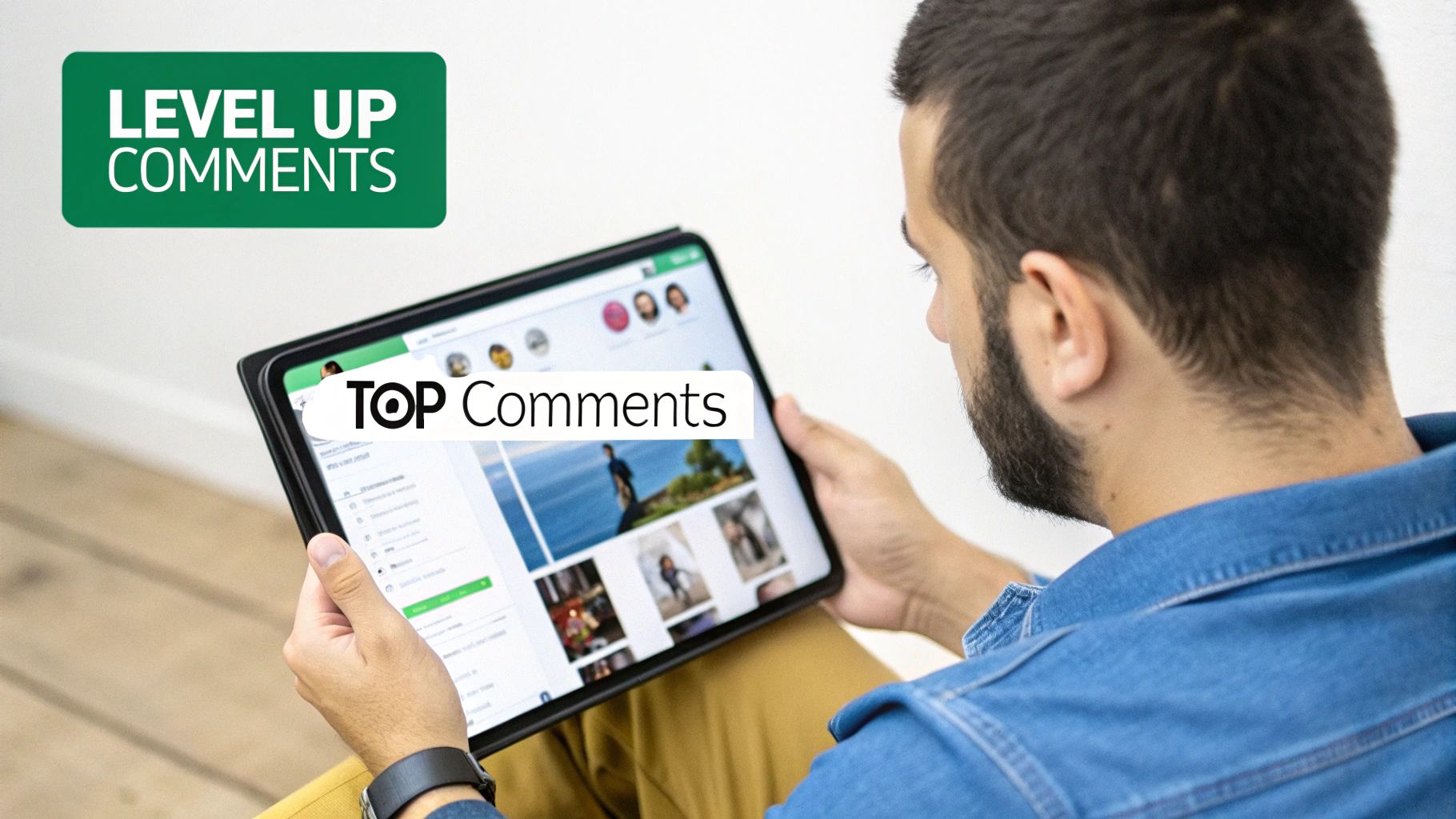 A man from behind views social media images and 'TOP Comments' on a tablet screen, with 'LEVEL UP COMMENTS' text.
