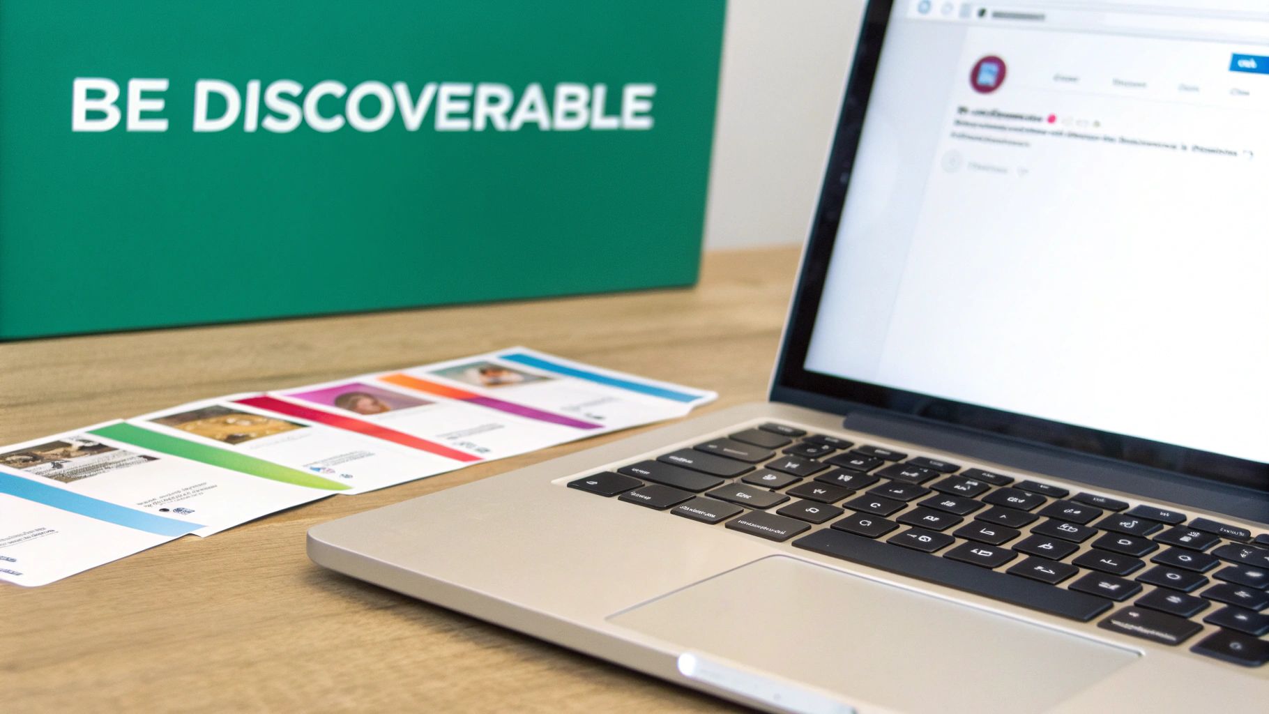 Laptop displaying Instagram profile next to colorful social media marketing cards on wooden desk