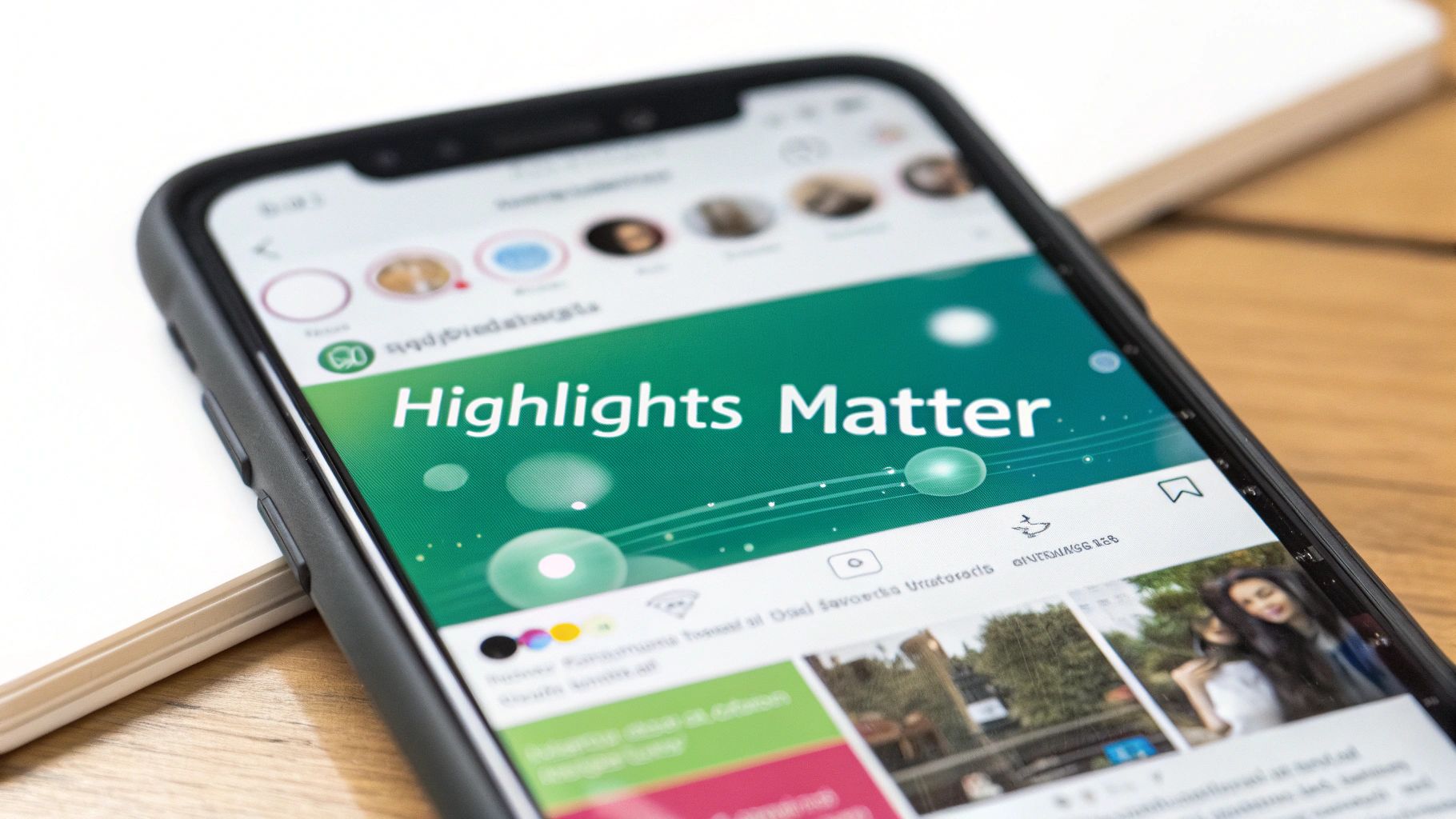 Close-up of a smartphone screen displaying a social media app and the text 'Highlights Matter'.