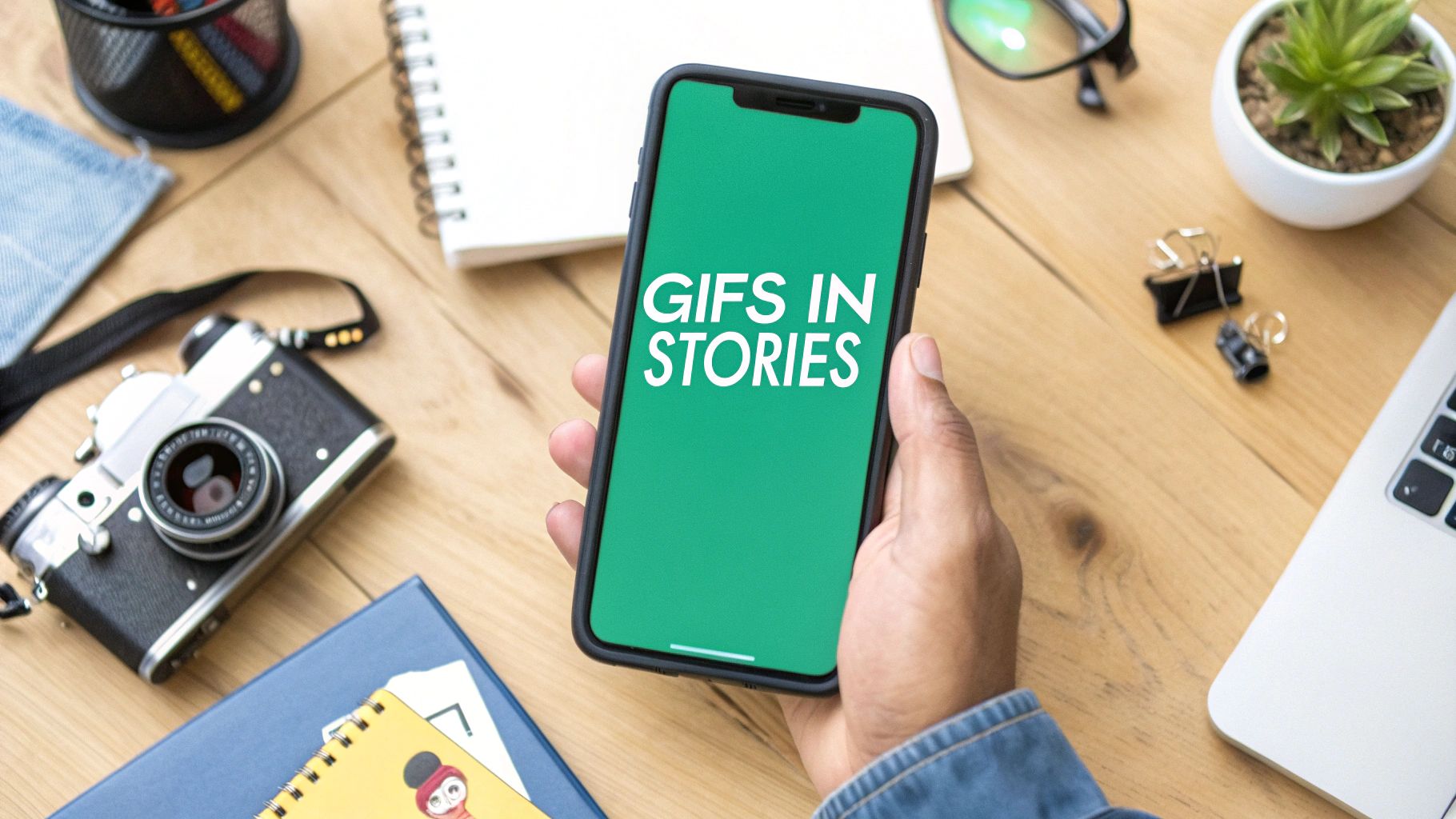 A person's hand holds a smartphone displaying 'GIFS IN STORIES' on a green screen, surrounded by desk items.
