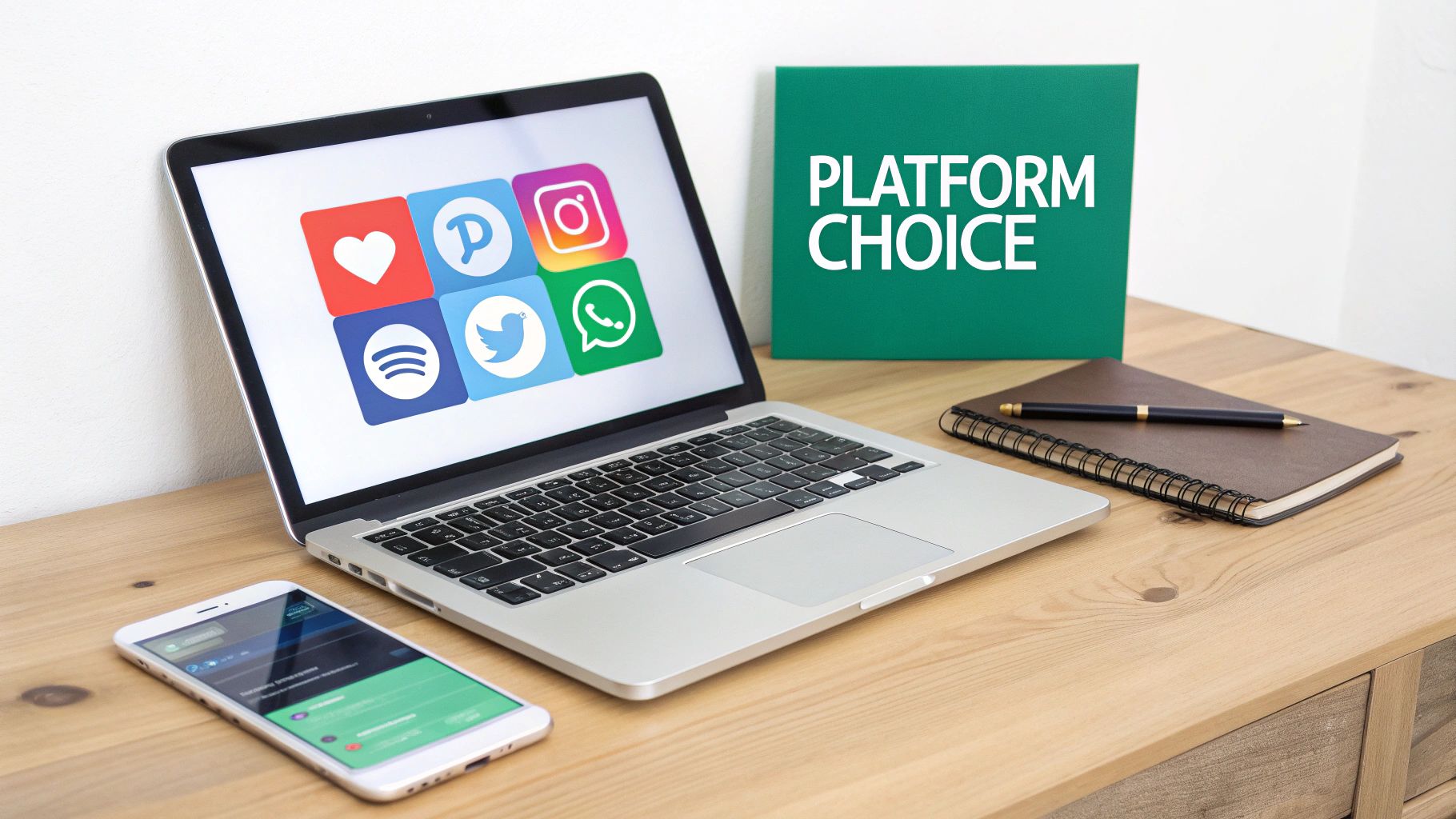 Laptop screen with social media apps, smartphone, notebook, and 'PLATFORM CHOICE' sign on a wooden desk.