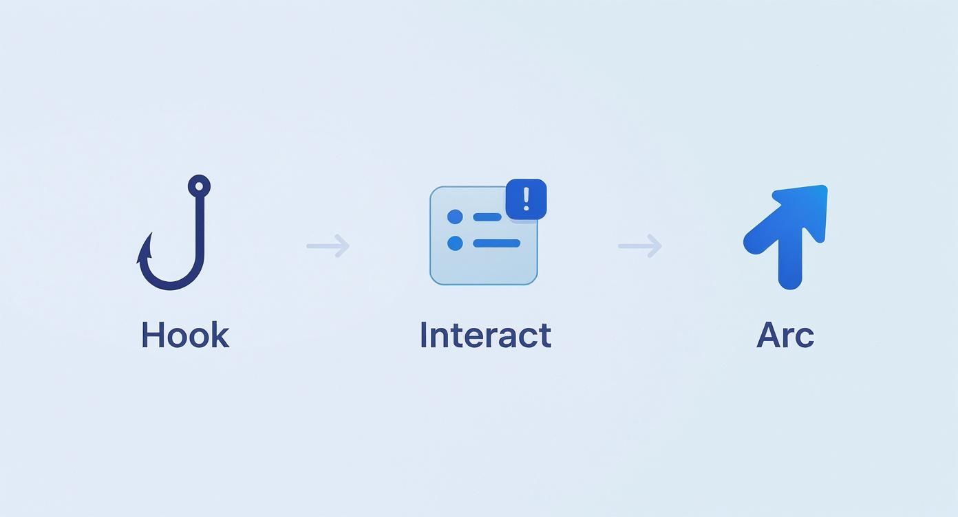A diagram illustrating a conceptual workflow: a hook icon, then an interact checklist icon, followed by an arc arrow icon.