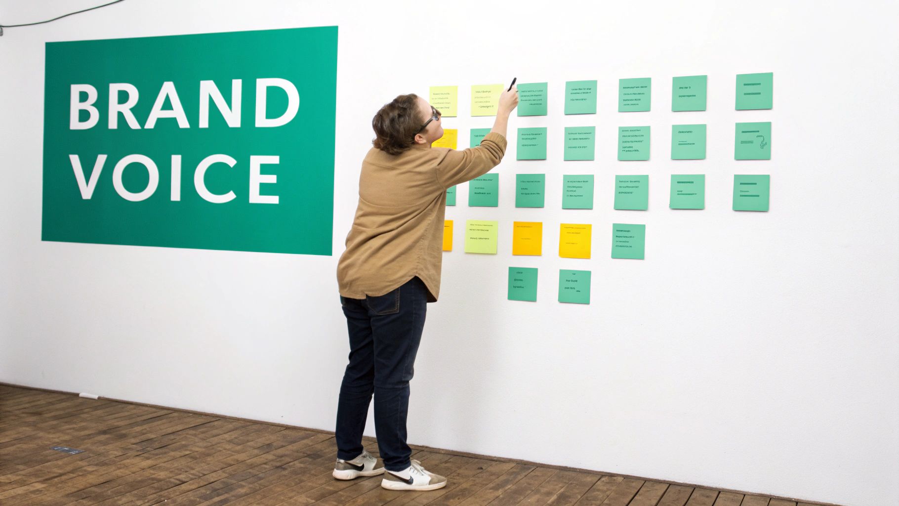 A person working on a laptop surrounded by social media icons and content ideas