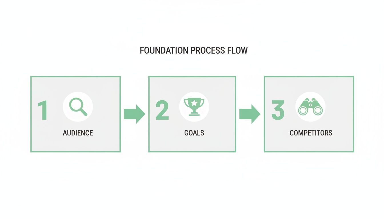 A three-step foundation process flow diagram showing audience research, setting goals, and competitor analysis.