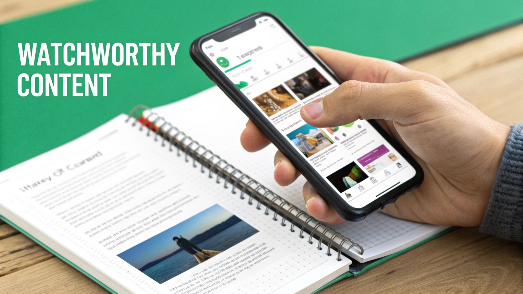 A hand holds a smartphone showing watchworthy content on a social media feed, next to an open notebook.