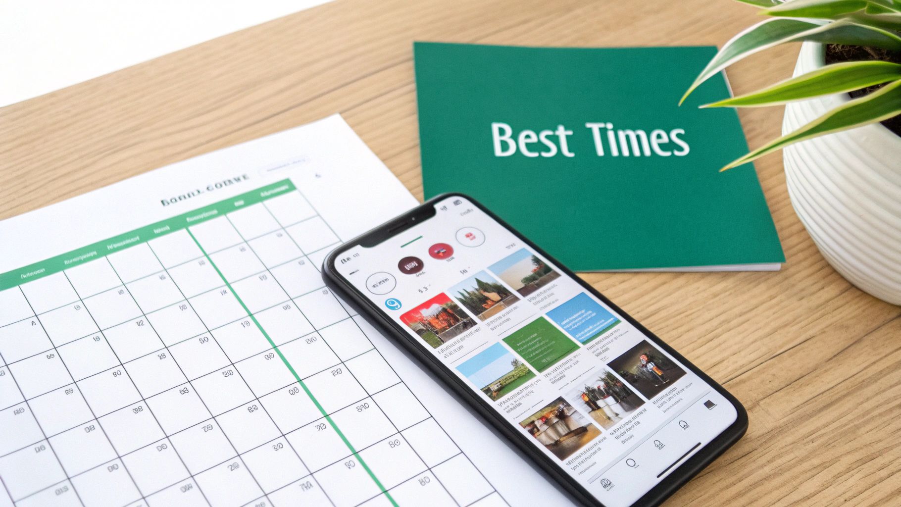 An overhead view of a smartphone displaying a social media feed, a calendar, and a 'Best Times' booklet on a desk.
