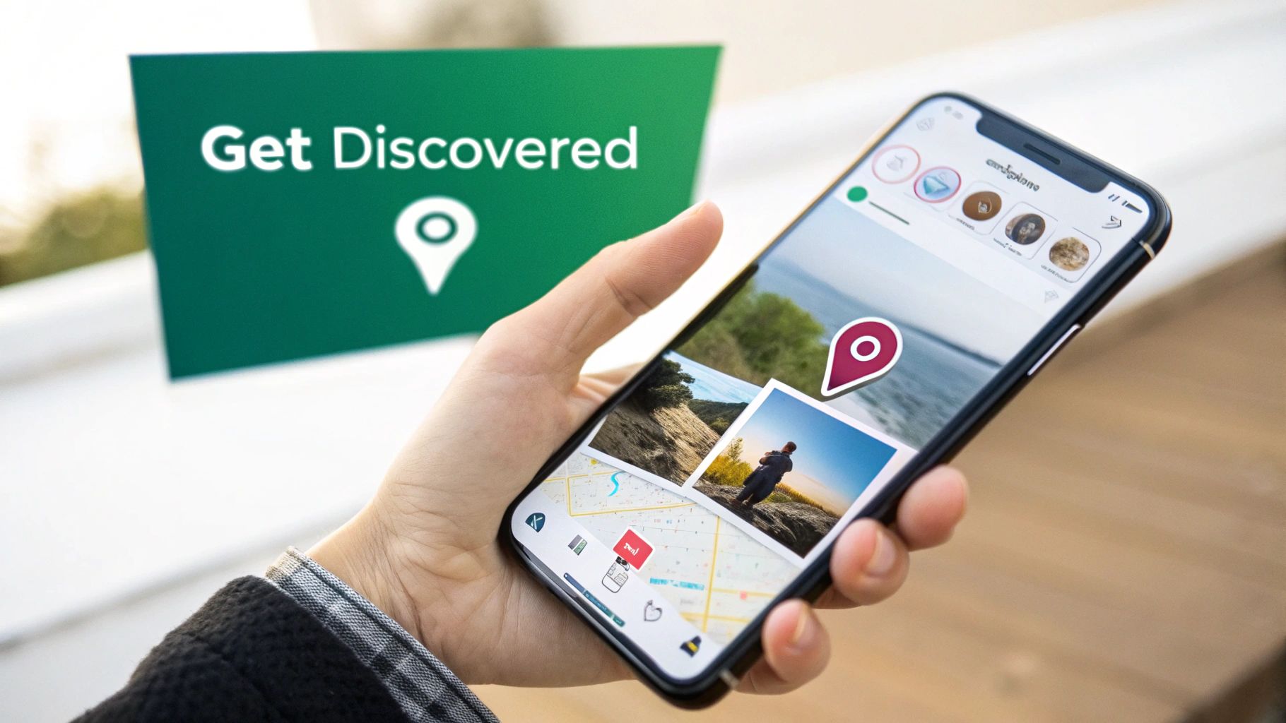 A person adding a location tag to their Instagram Story on a smartphone